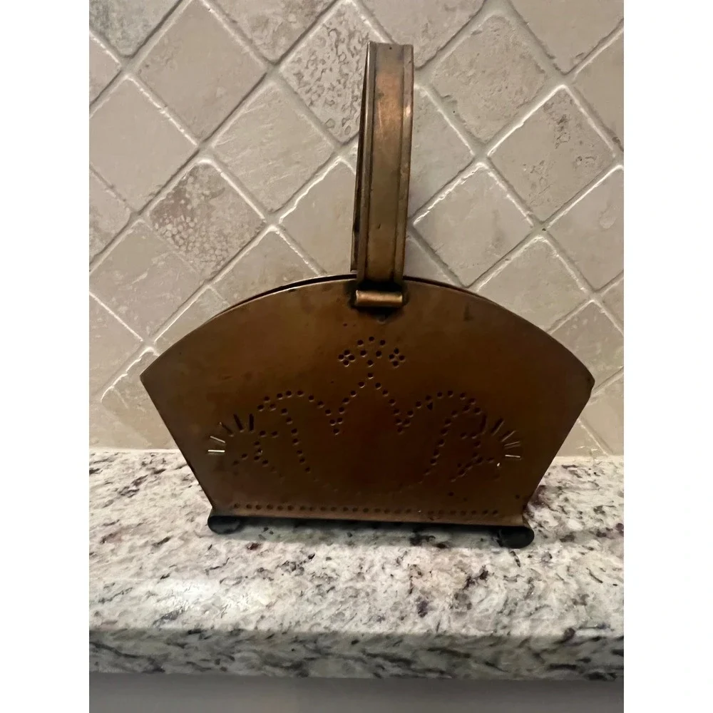 Vintage Copper Brass Letter Holder Napkin Basket Punched Metal Decorative Caddy